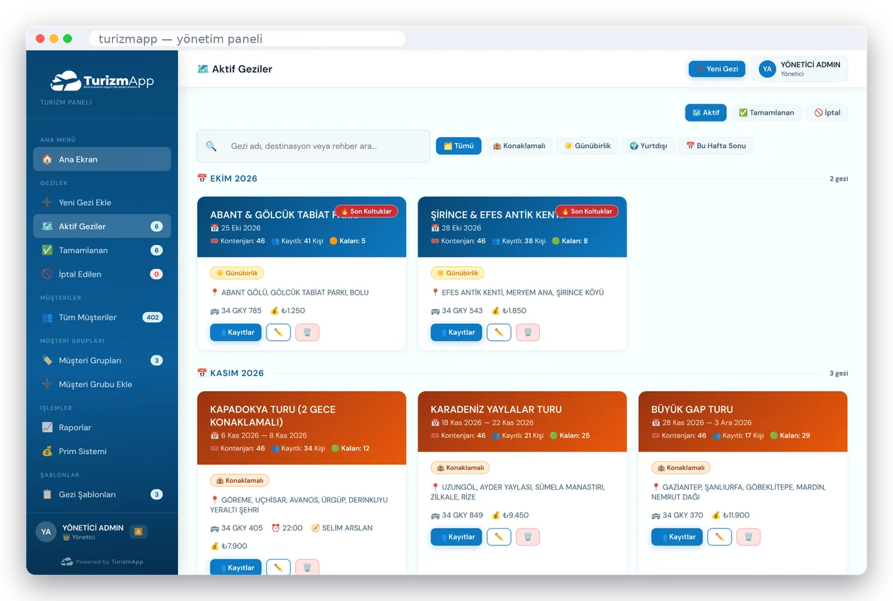 TurizmApp yönetim paneli demosu